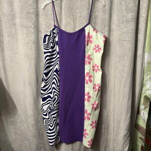 Graphic Fun Bodycon Dress Spaghetti Straps Stretchy Zebra Purple Floral